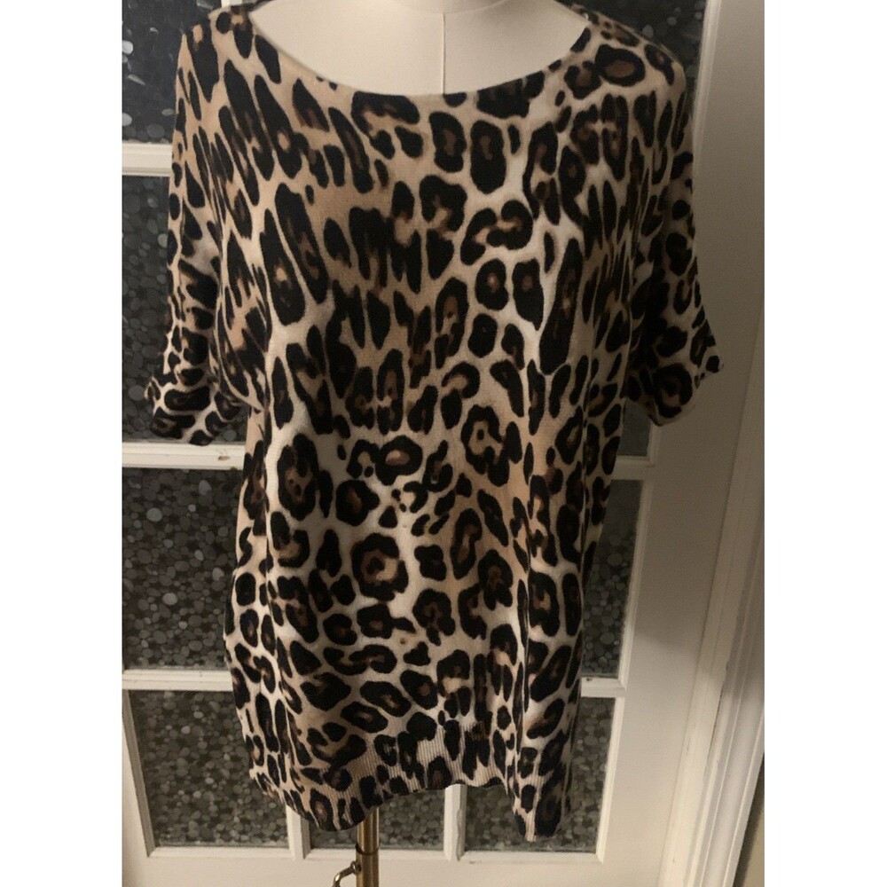 Chicos Top Cotton Blend Knit Leopard Print 2 Petite Short Sleeve Sweater